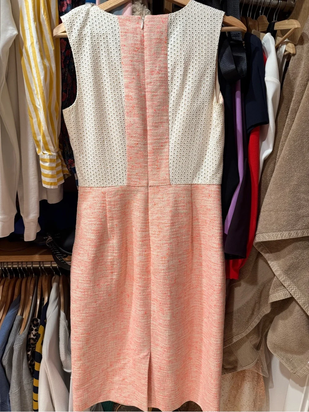 J. Crew Coral Pink Tweed V-Neck Sheath Dress with White Eyelet Trim
